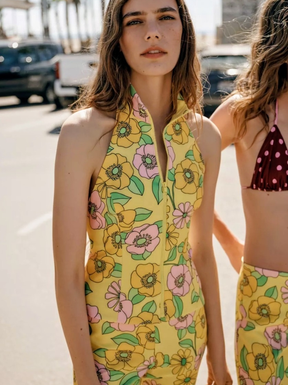Zara Yellow Floral Halter Top And Capri Pants Set. Brand New With Tag